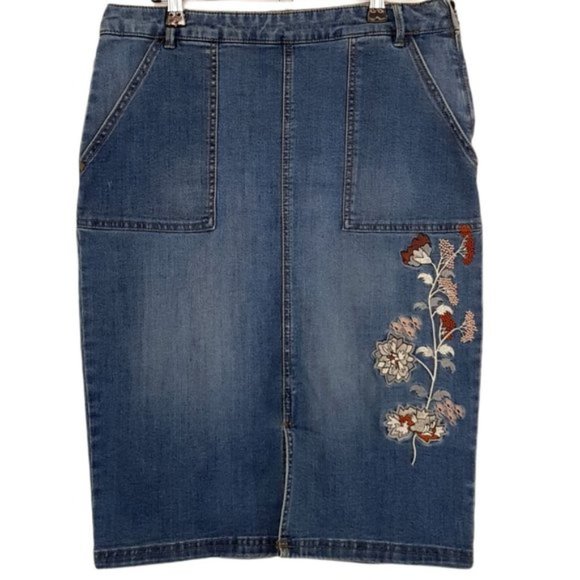 KATIES Size 10 Casual Blue Stretch Floral Embroidered Front-Split Denim Skirt - Picture 1 of 7